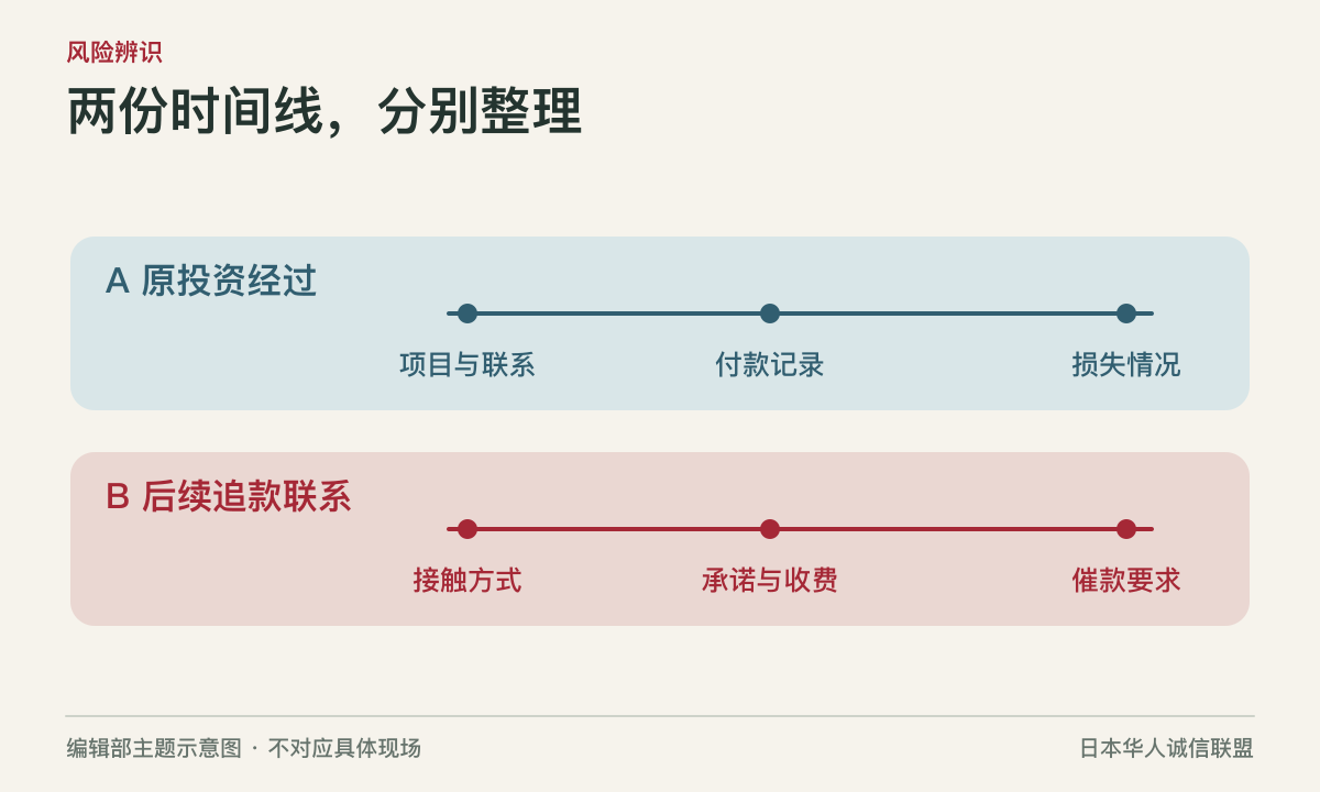 分开记录原投资经过与后续追款联系的双时间线。编辑部主题示意图,不对应具体现场。
