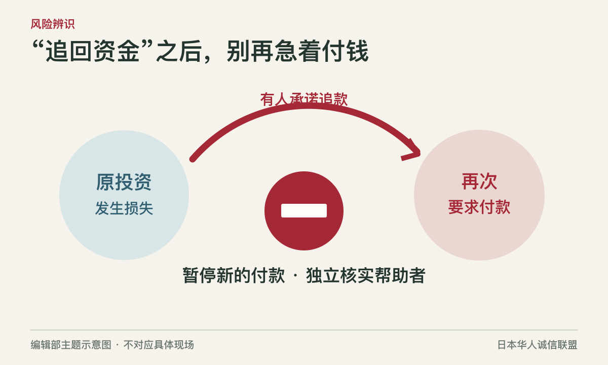 原投资损失与追款方再次索钱之间的暂停标记,表现二次受害风险。编辑部主题示意图,不对应具体现场。
