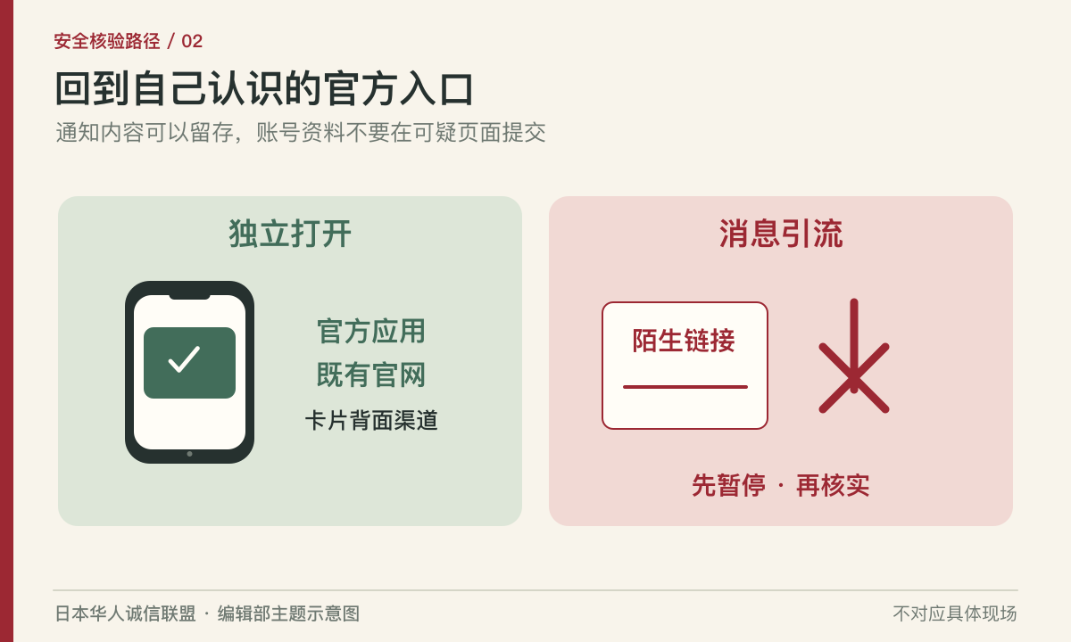 独立官方入口与消息内陌生链接的核验路径对照图。编辑部主题示意图,不对应具体现场。