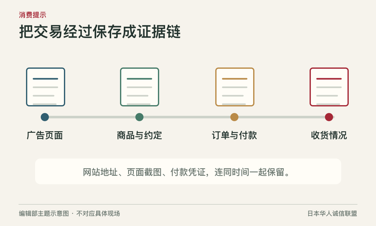 广告、商品说明、订单付款和收货情况四段交易证据链。编辑部主题示意图，不对应具体现场。